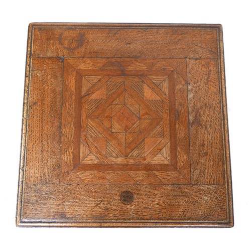 528 - A Victorian oak parquetry side table, with square inlaid surface, single frieze drawer, 41 by 41 by ... 