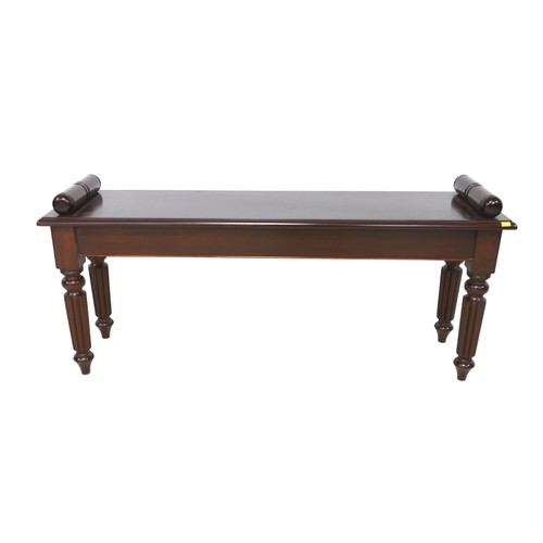 545 - A modern mahogany carpenter made Victorian style window seat, raised on turned reeded legs, 110 by 3... 