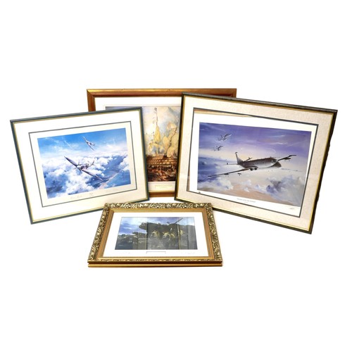 373 - A group of four military prints, comprising 'Avro Lancaster Path Finder', signed by the artist, Dan ... 