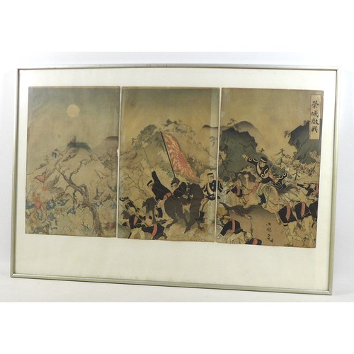 399 - A group of three Japanese woodblock prints, 'Kokunimasa, Victory At Pyongyang' depicting a cavalry c... 