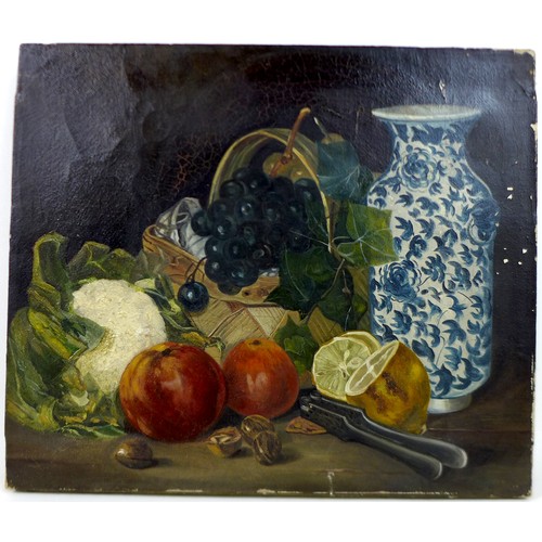 436 - Continental School (20th century): still life with a basket of fruit and a blue and white vase, oil ... 