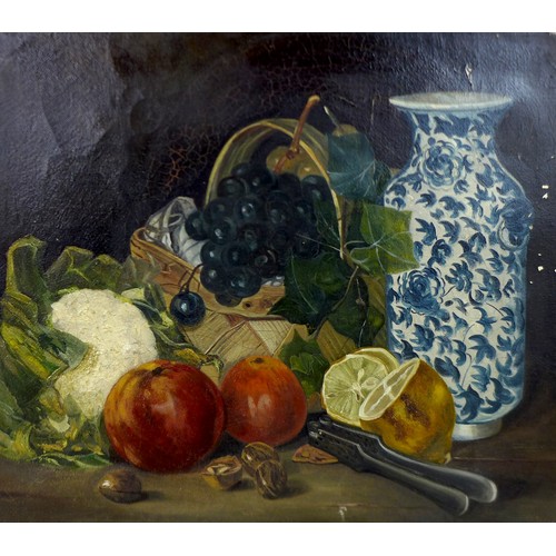 436 - Continental School (20th century): still life with a basket of fruit and a blue and white vase, oil ... 