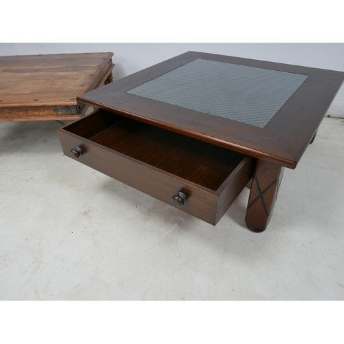 498 - Two modern coffee tables, one with full width drawer, and glass inset top, 105 by 105 by 44cm high, ... 