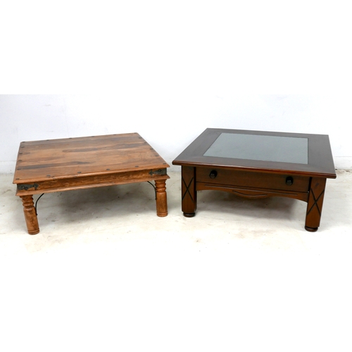 498 - Two modern coffee tables, one with full width drawer, and glass inset top, 105 by 105 by 44cm high, ... 