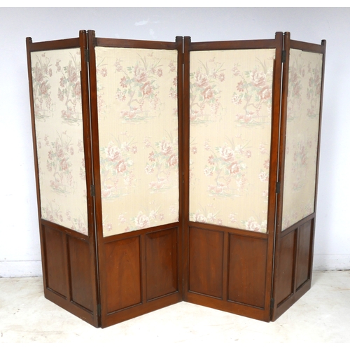 520 - An Edwardian mahogany room screen, three fold, with fabric panels above carved lower panels, each pa... 