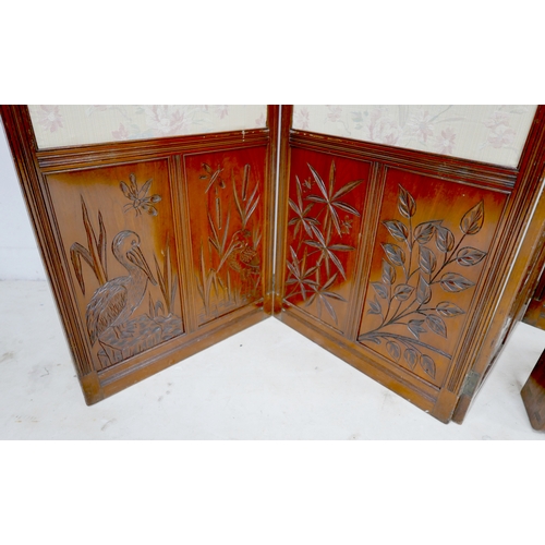 520 - An Edwardian mahogany room screen, three fold, with fabric panels above carved lower panels, each pa... 