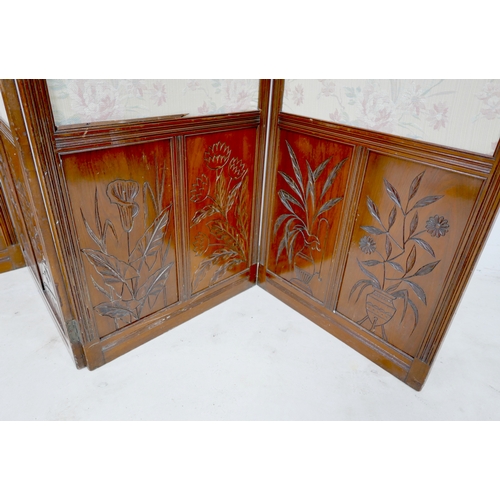 520 - An Edwardian mahogany room screen, three fold, with fabric panels above carved lower panels, each pa... 