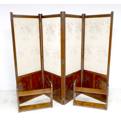 520 - An Edwardian mahogany room screen, three fold, with fabric panels above carved lower panels, each pa... 