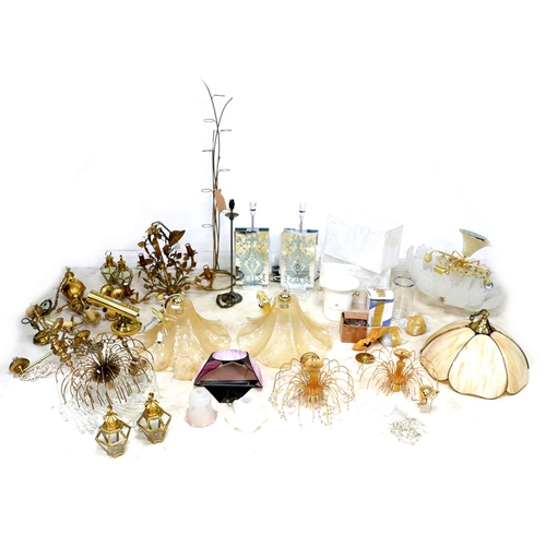 351 - A large collection of lights and lighting, including ceiling pendant lights, a pair of table lamps, ... 