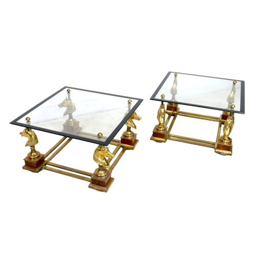 477 - A pair of Maison Charles style coffee tables, the square glass tops with blacked edges, supported on... 