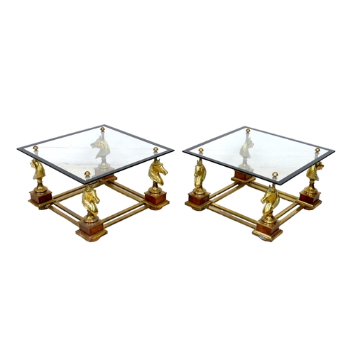 477 - A pair of Maison Charles style coffee tables, the square glass tops with blacked edges, supported on... 