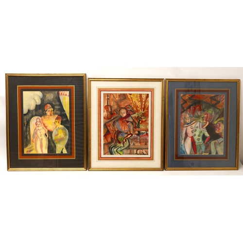 439 - Bridget De Courcey (British, 20th century): three surrealist watercolours, one portrait, 27 by 36.5c... 