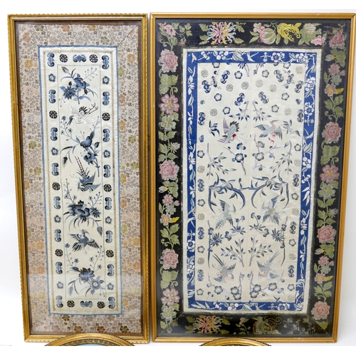 298 - A group of six embroidered panels, including two Chinese silk embroideries, larger glazed, and frame... 