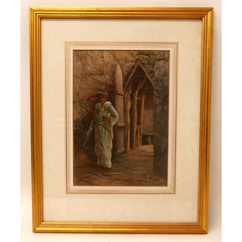 450 - British School (19th century): a 17th century Italian swordsman, standing by a doorway and stone wal... 