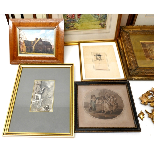 371 - A collection of paintings and prints, including a small circular painted panel with giltwood frame, ... 