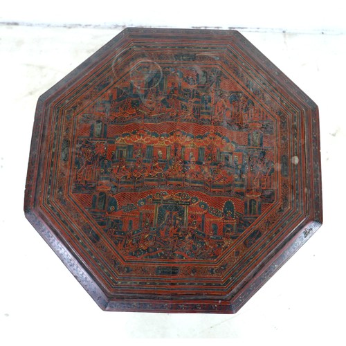 519 - A Persian 19th century octagonal side table, decorated in iron red and black with a series of interi... 