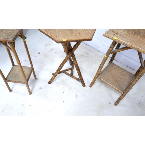 521 - A collection of three early 20th century bamboo side tables, a bamboo plant stand, and a single bamb... 