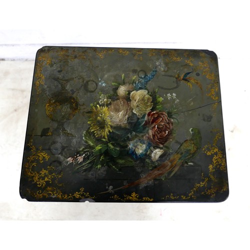 549 - A Victorian ebonised side table, with a painted slate tilt top, decorated with flowers on a ledge, a... 