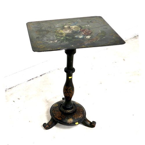 549 - A Victorian ebonised side table, with a painted slate tilt top, decorated with flowers on a ledge, a... 