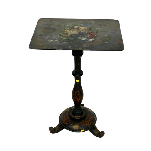 549 - A Victorian ebonised side table, with a painted slate tilt top, decorated with flowers on a ledge, a... 