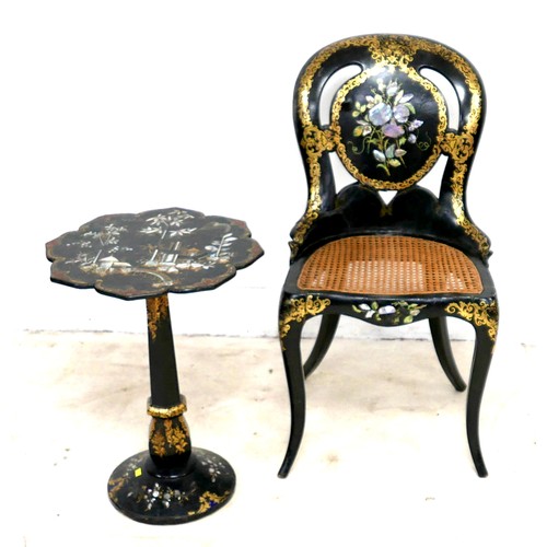 550 - A Victorian ebonised side chair, inlaid with mother of pearl and decorated with scrolling gilt borde... 