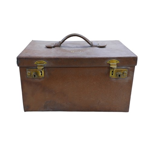 319 - A 1930's pigskin leather travel box with six silver top bottles, a mirror and two brushes hallmarked... 