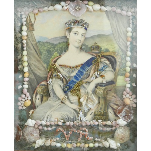 175 - An shell collage of the young Queen Victoria in rosewood frame, with interesting inscription verso, ... 