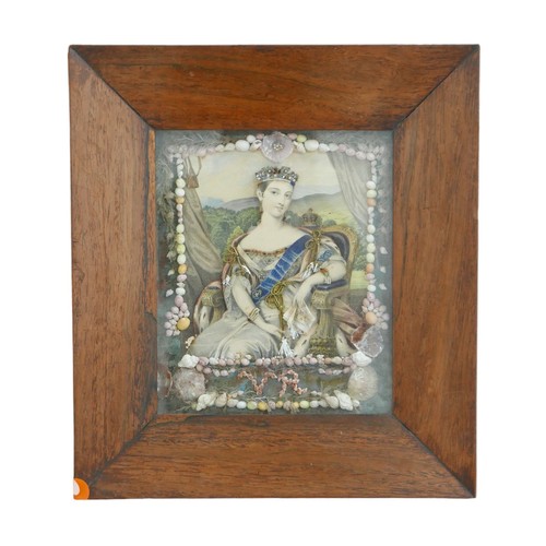 175 - An shell collage of the young Queen Victoria in rosewood frame, with interesting inscription verso, ... 