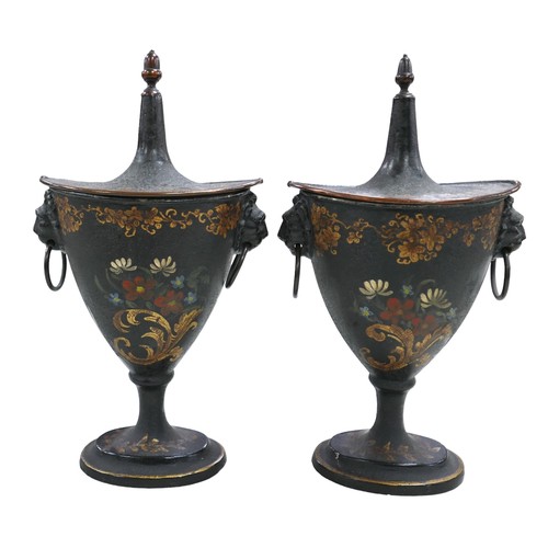 185 - A pair of 19th century oval Toleware lidded urns and a lidded square form container, urns are 17cm b... 