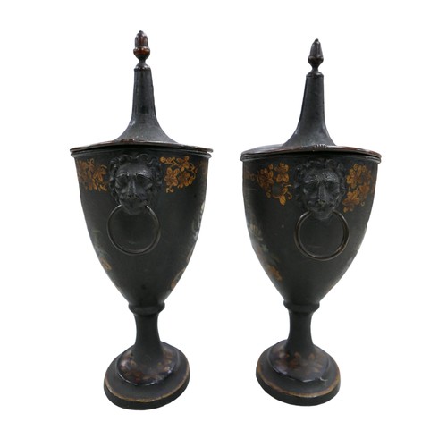 185 - A pair of 19th century oval Toleware lidded urns and a lidded square form container, urns are 17cm b... 