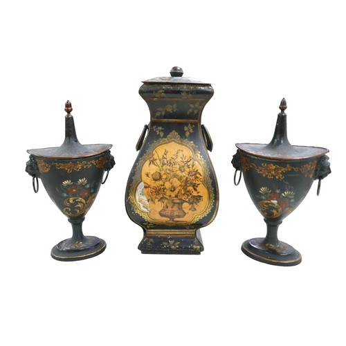 185 - A pair of 19th century oval Toleware lidded urns and a lidded square form container, urns are 17cm b... 