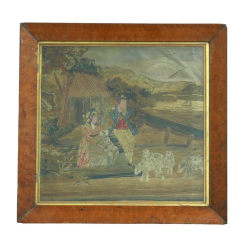 295 - Three 19th century woolwork rural scenes in a gilt and a maple frame, sizes 38cm by 39cm and 44cm by... 