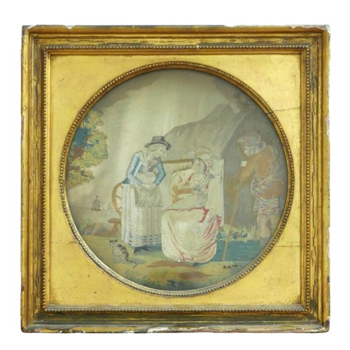 295 - Three 19th century woolwork rural scenes in a gilt and a maple frame, sizes 38cm by 39cm and 44cm by... 