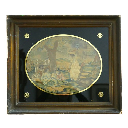 295 - Three 19th century woolwork rural scenes in a gilt and a maple frame, sizes 38cm by 39cm and 44cm by... 