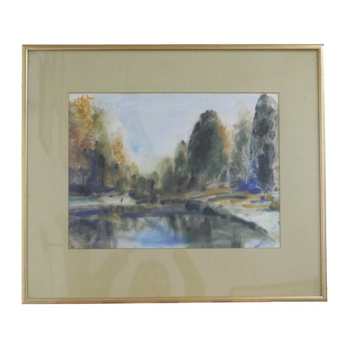 441 - John Glashan (1927-1999) watercolour a walk by the lake in a gilt frame, frame size 72cm by 62cm.

P... 