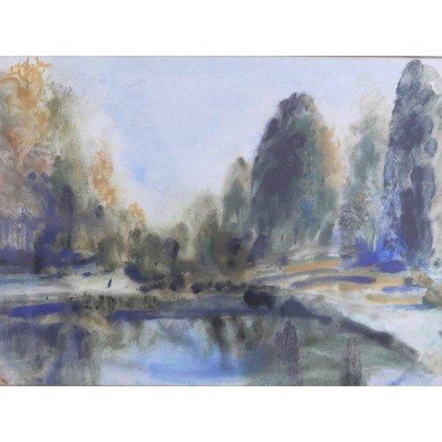 441 - John Glashan (1927-1999) watercolour a walk by the lake in a gilt frame, frame size 72cm by 62cm.

P... 