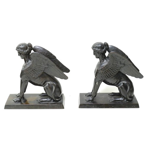 129 - A pair of Victorian cast iron sculptures, modelled as sphinx figures, on rectangular bases, unsigned... 