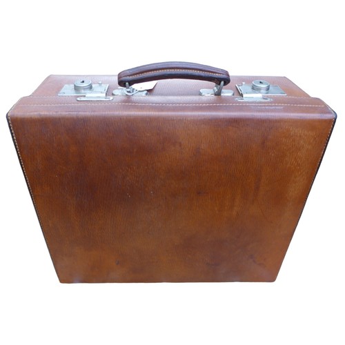 313 - A good quality early 1900's tan leather suitcase by S Fisher Ltd London with red silk interior, repl... 