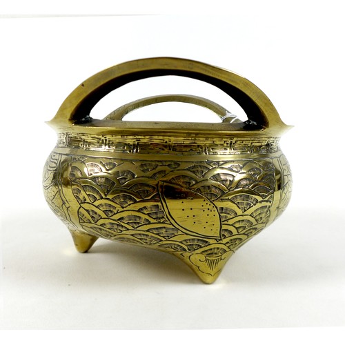 2 - A large Chinese Ming period style polished bronze censer, squat circular form with twin handles, dec... 