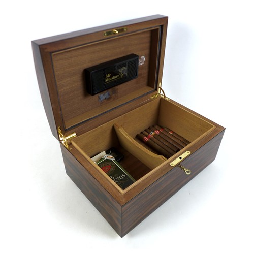 258 - An exotic wood humidor, with key, 35 by 23 by 18cm high, containing four J. Cano Selectos sealed cig... 