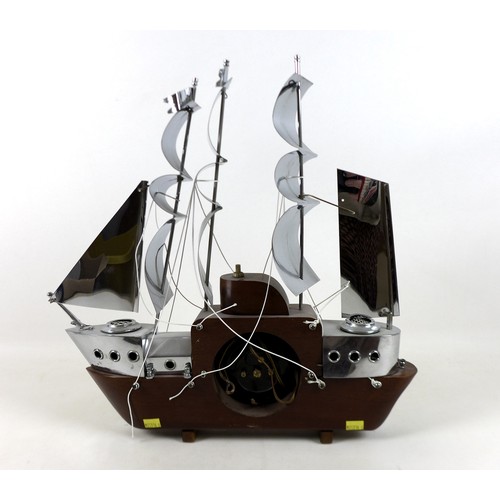 226 - An Art Deco Chrome and wood three mast sailing ship clock lamp, 45 by 44cm, with electric Metamec mo... 