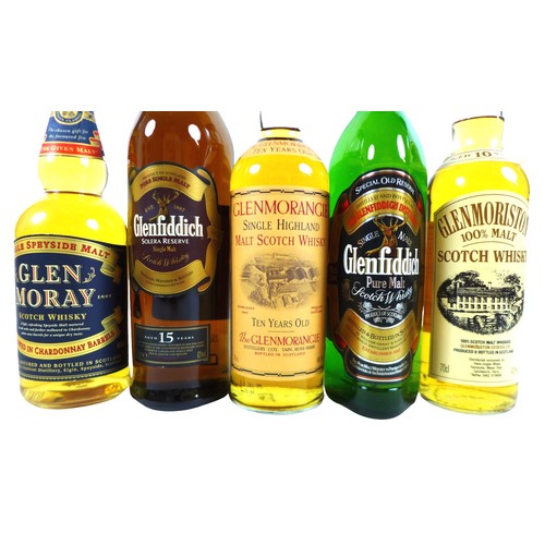 139 - Five bottles of Scotch whisky Glenfiddich clan Sinclair 70cl, Solera reserve 1 litre, Glen Moray 70c... 