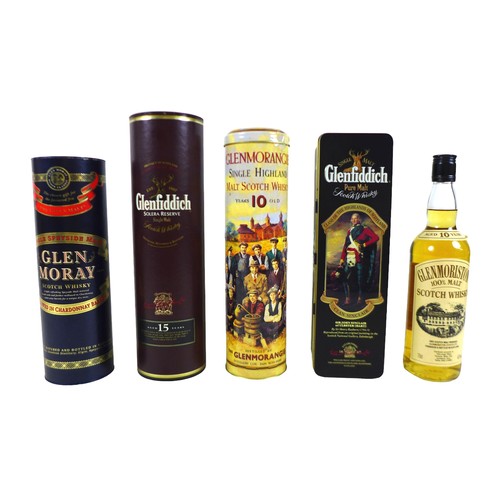 139 - Five bottles of Scotch whisky Glenfiddich clan Sinclair 70cl, Solera reserve 1 litre, Glen Moray 70c... 