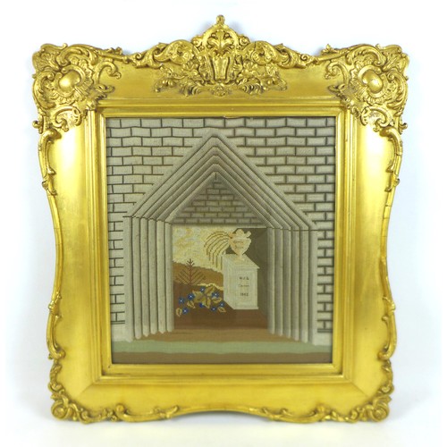 299 - A Victorian memorial needlepoint in an ornate gilt frame and a Victorian woodwork and silk picture, ... 