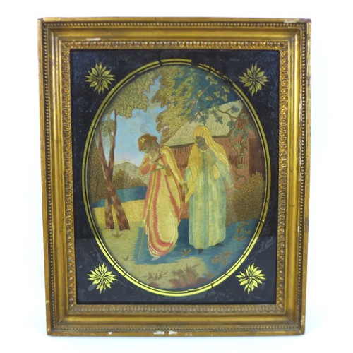 299 - A Victorian memorial needlepoint in an ornate gilt frame and a Victorian woodwork and silk picture, ... 