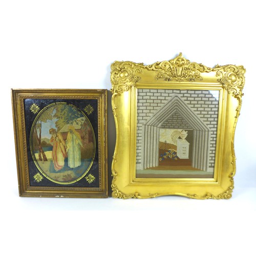 299 - A Victorian memorial needlepoint in an ornate gilt frame and a Victorian woodwork and silk picture, ... 