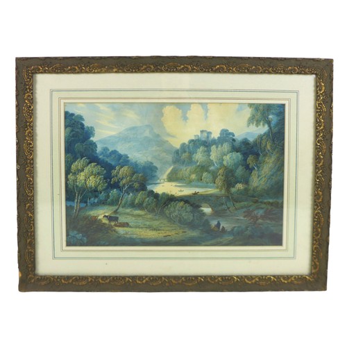 425 - A 19th century watercolour landscape with a castle in the background, unsigned, frame size 45cm by 5... 