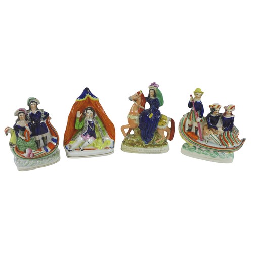 97 - A collection of thirteen Staffordshire figures and groups, including three watch holders, together w... 