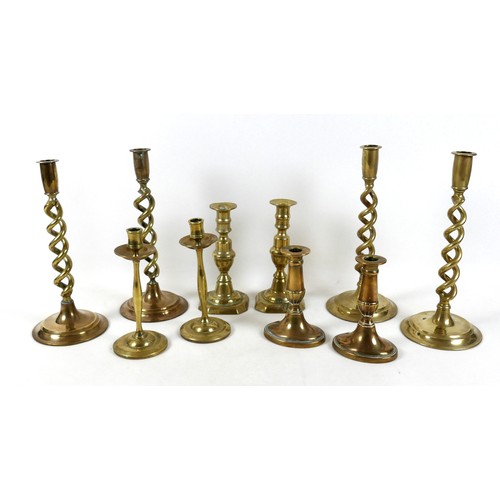 347 - Five pairs of Georgian and later brass candlesticks, tallest 29.5cm high. (10)