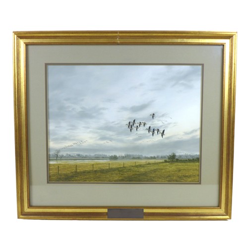 446 - J Hilliard (contemporary Welsh) oil on board wild fowl in flight under glass in a gilt frame, frame ... 